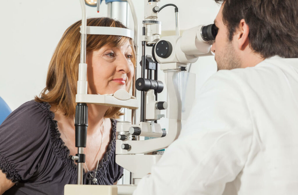 A middle-aged woman undergoing an eye exam.