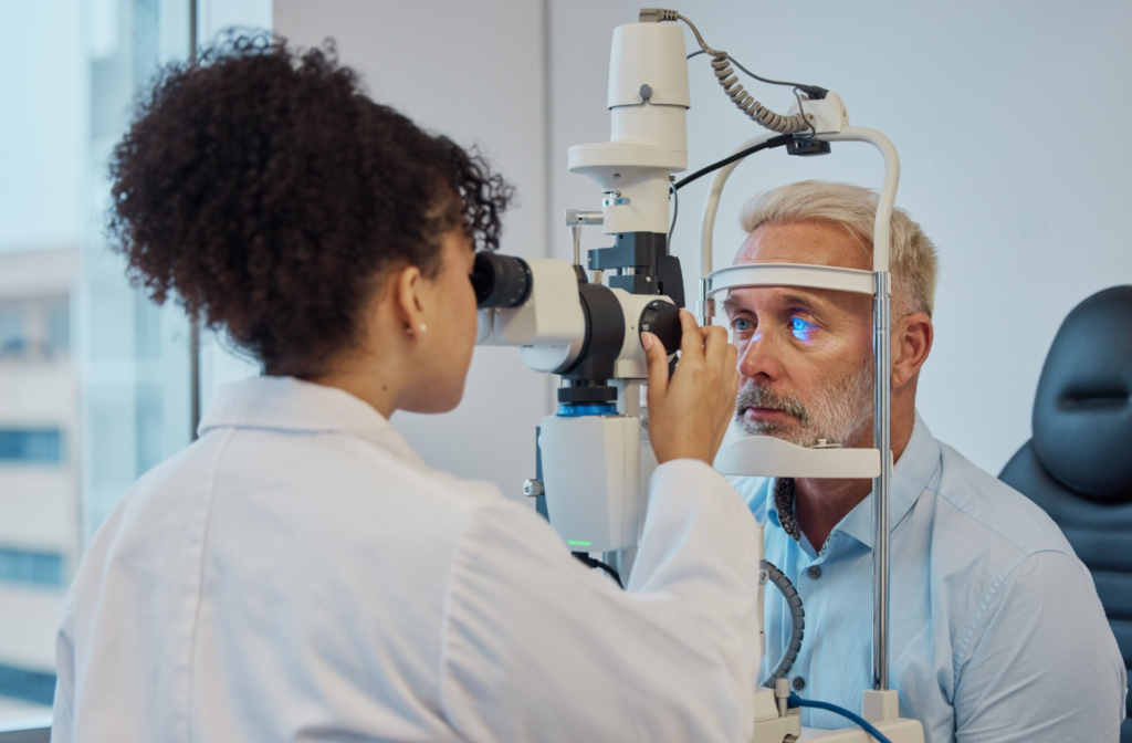 An optometrist conducting a tonometry test on a patient.