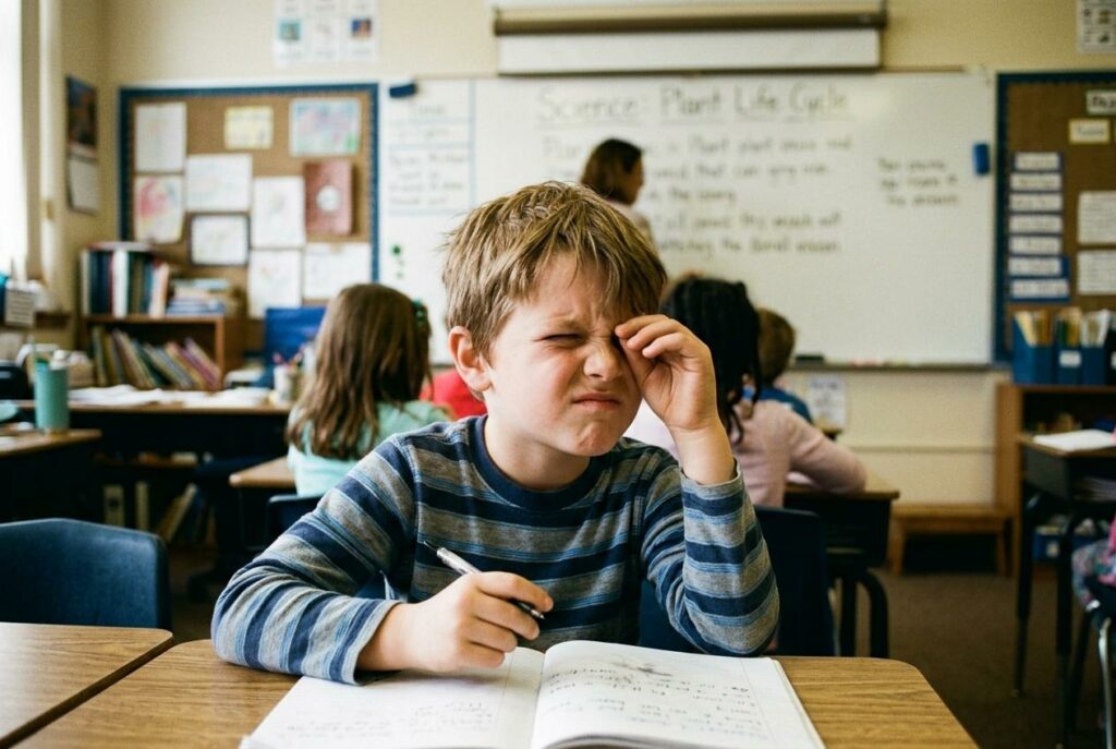 A boy sits at a classroom desk holding a pen over an open notebook, rubbing his eye with a frustrated expression.