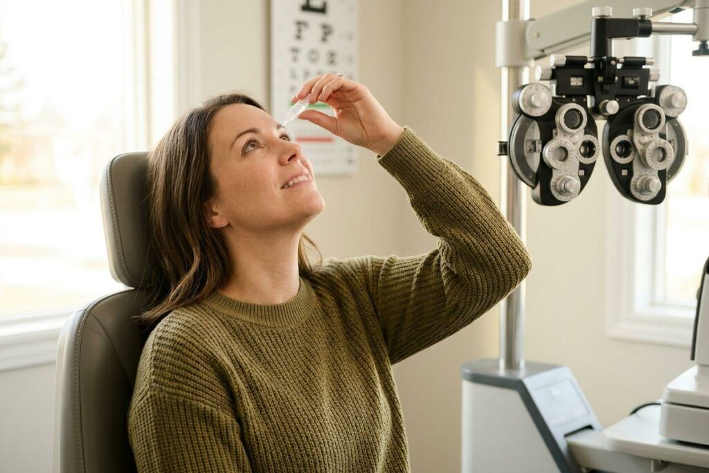 Person applying eye drops in an exam chair beside a phoropter and eye chart in an optometrist's office.