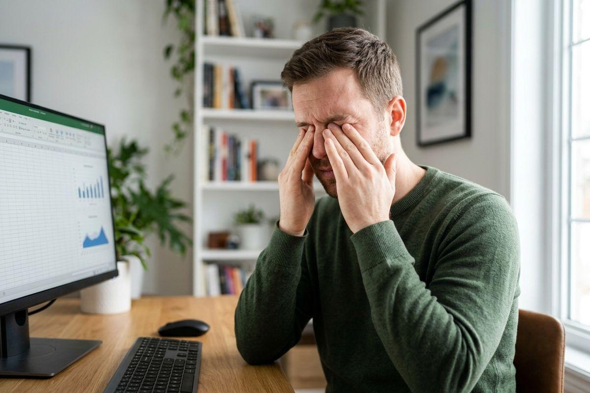 Person rubbing both eyes while sitting at a desk with a computer monitor showing charts.