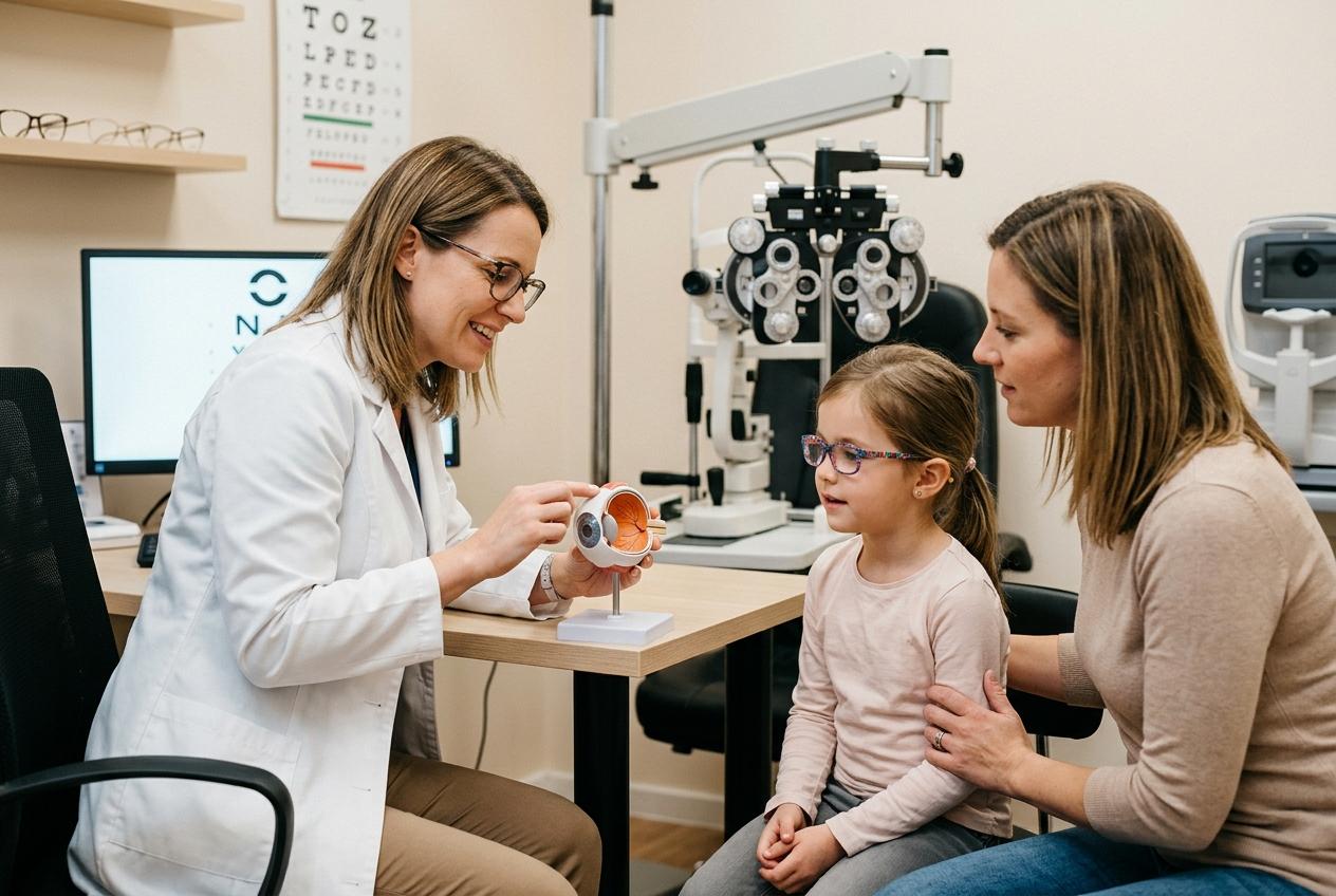Smiling optometrist shows a young girl and her mother an eye anatomy model during a consultation in an eye exam room.