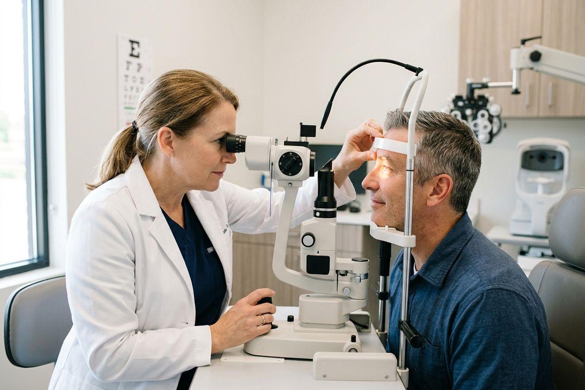 Optometrist examines a patient's eye using a slit lamp in an exam room, with an eye chart on the wall.