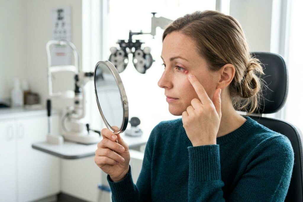 Person holding a mirror and pulling down lower eyelid to examine their eye in an optometry exam room.