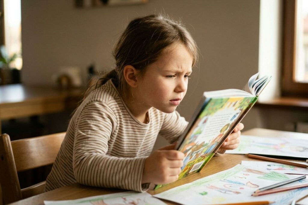 Child reading a picture book at a table with a focused expression, near crayon drawings and colored pencils.