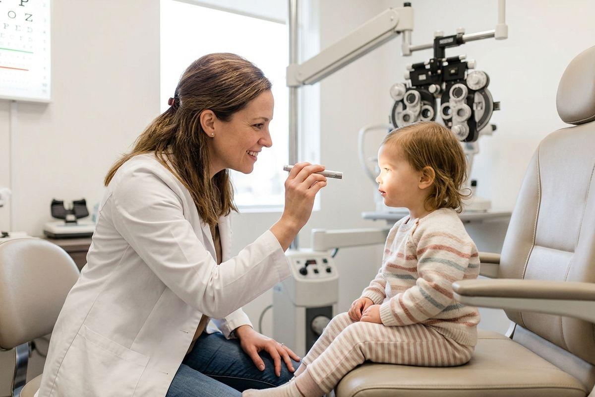 Optometrist shines a light into the eye of a child seated in an exam chair, with a phoropter and eye chart nearby.